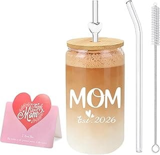 Pregnancy Gift for Expecting Mother, Est 2026 Glass Cup with Bamboo Lid and Glass Straws, Mother to Be Keepsake, First Mothers Day Gifts