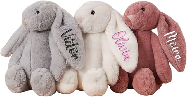 Personalized Easter Bunny Rabbit, Custom Name Monogrammed Embroidered Bunny, Fluffy Rabbit with Long Ears,Plush Bunny Toy, Gift for Baby Kids(11.8inches)