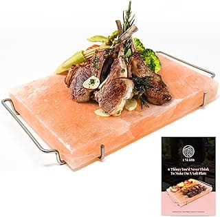 UMAID Himalayan Salt Block For Grilling, Cooking, Cutting and Serving,12X8X1.5 Food Grade Himalayan Pink Salt Stone on Stainless Steel Plate & Recipe Booklet, Unique Gifts for Men, Women, Chef, Cooks