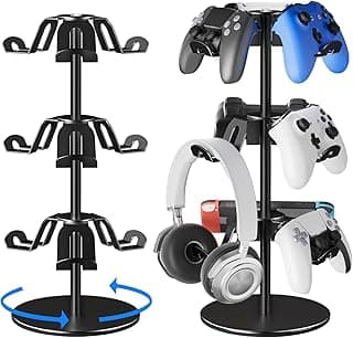 Aluminum Alloy Controller Holder 3 Layers,360 Degree Rotation Tier,Gaming Controller Stand for Xbox PS5 PS4 Switch,Headphone Stand,Headset Holder & Desk Mounts for 9 Packs Controller