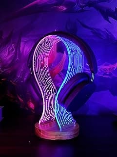 YuanDian Headphone Stand, Walnut Wood Headset Holder with Blue Pink LED Night Light for Gamers, Men, and Music Lovers - Perfect Desk Gift Idea