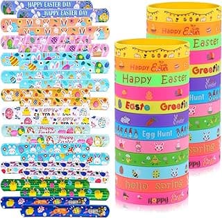xutengy 48Pcs Easter Party Favors Decorations Slap Bracelets Rubber Wristbands for Kids Girls Boys,Easter Basket Stuffers Easter Egg Fillers Gifts for Toddlers