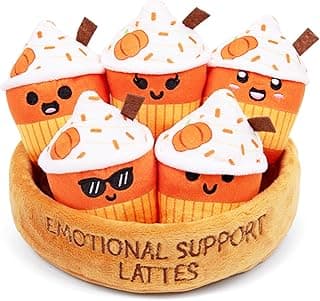 Emotional Support Lattes by Relatable, Soft & Cuddly Fall Plushies for Love Ones of All Ages, The Perfect Fall Gifts for Back to School, and Teacher Desk Buddy, Includes 5 Latte Plushies with Basket
