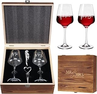 AW BRIDAL Mr and Mrs Wine Glasses Wedding Gifts for Couples 2026, Engagement Gift for Newly Engaged Couple, Bridal Shower and Bachelorette Gifts for Bride, Wine Opener Stopper and Wooden Keepsake Box