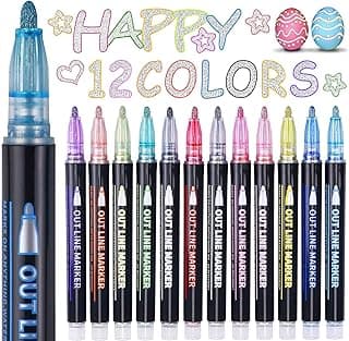 Easter Basket Stuffers, Outline Glitter Markers, Easter Basket Stuffers for Teens, Teen Girl Gifts Trendy Stuff, 12 Outline Markers, Art Supplies for Kids 9-12, Gift for 4-12 Year Old Girls